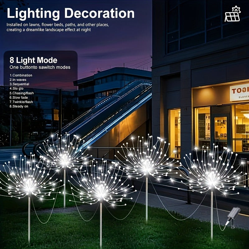 Solar Fireworks Garden Lights 8-Piece Set, Decorative Outdoor LED Lights with Listed Eight Modes in Multicolor, Warm or White Options for Lawn and Holiday Displays
