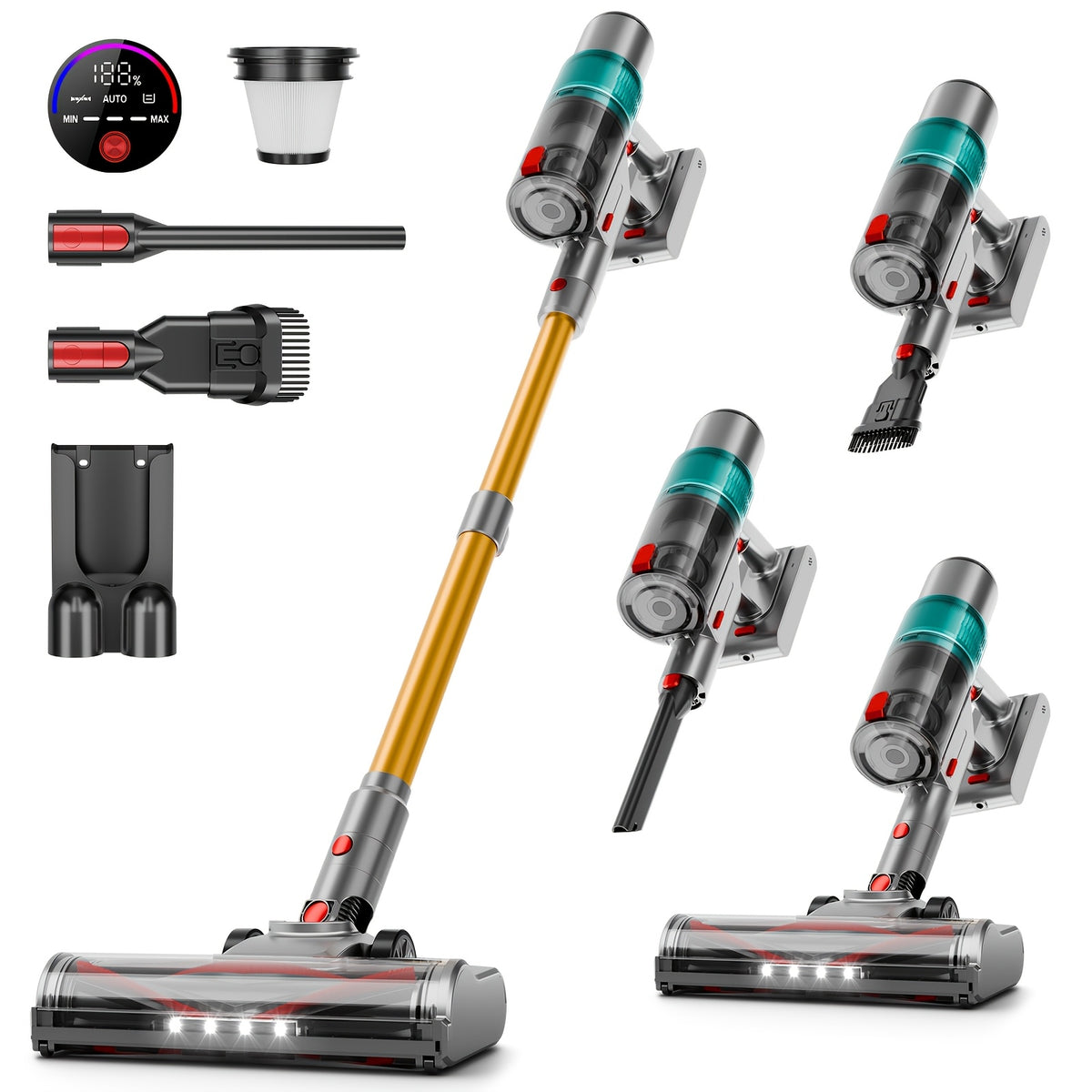 LED Display Cordless Vacuum Cleaner with Anti-Tangle Floor Brush and Detachable Rechargeable Battery for Carpet, Pet Hair, Tile and Hardwood Floors