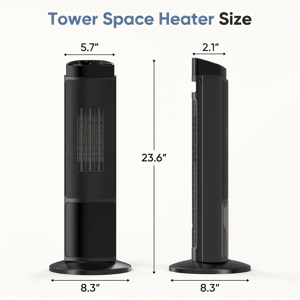 Tower Ceramic Space Heater with Listed 1500W Power, Remote Control, Thermostat, Four Modes and 12-Hour Timer in Round or Square Styles for Supplemental Indoor Warmth