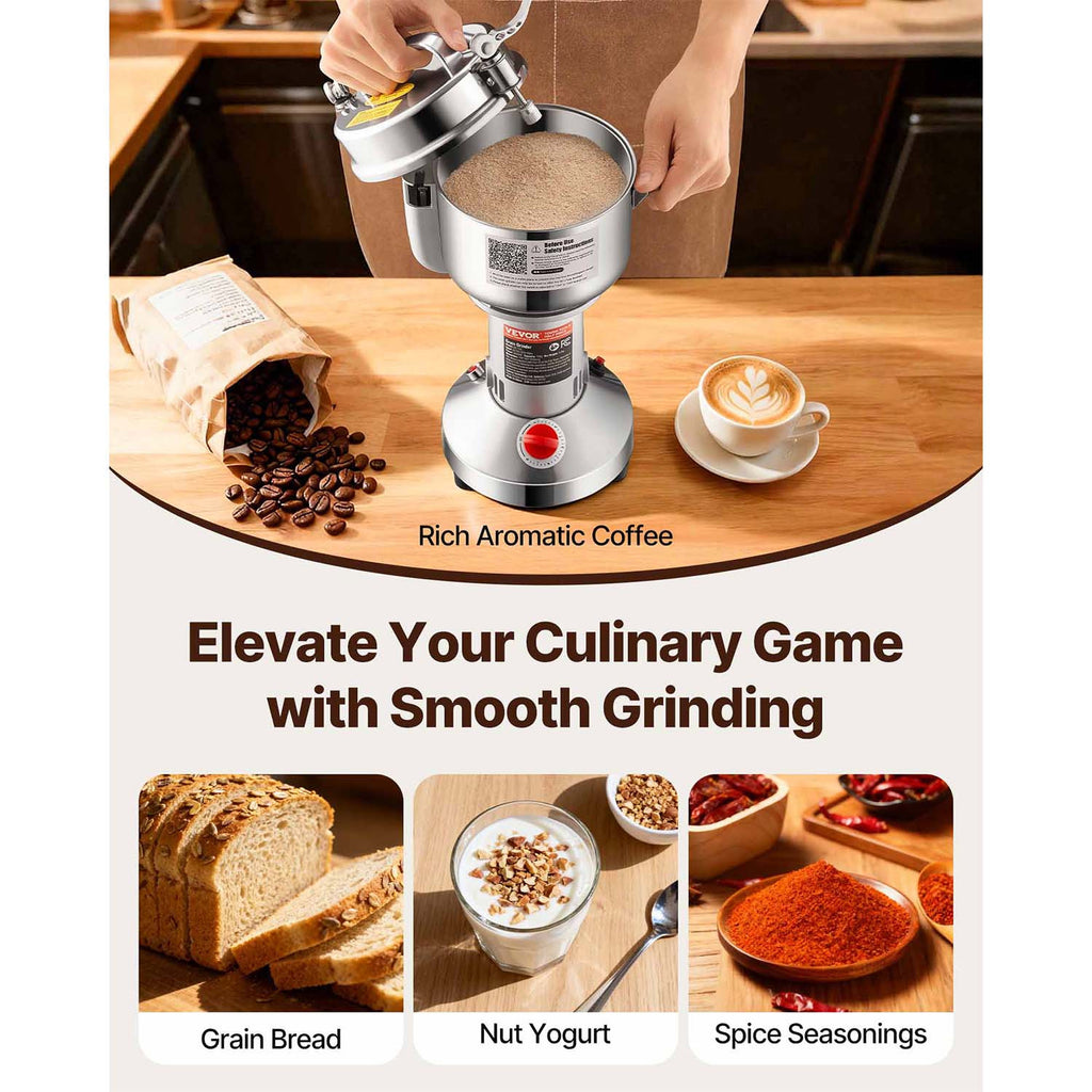 VEVOR Commercial Spice Grinder 750g, High Speed Electric Grain Mill Grinder with 28000 RPM Stainless Steel Pulverizer, Powder Machine for Dry Grains, Spices, Coffee, Corn and Pepper, 30-300 Mesh Fine Grinding, Straight Type