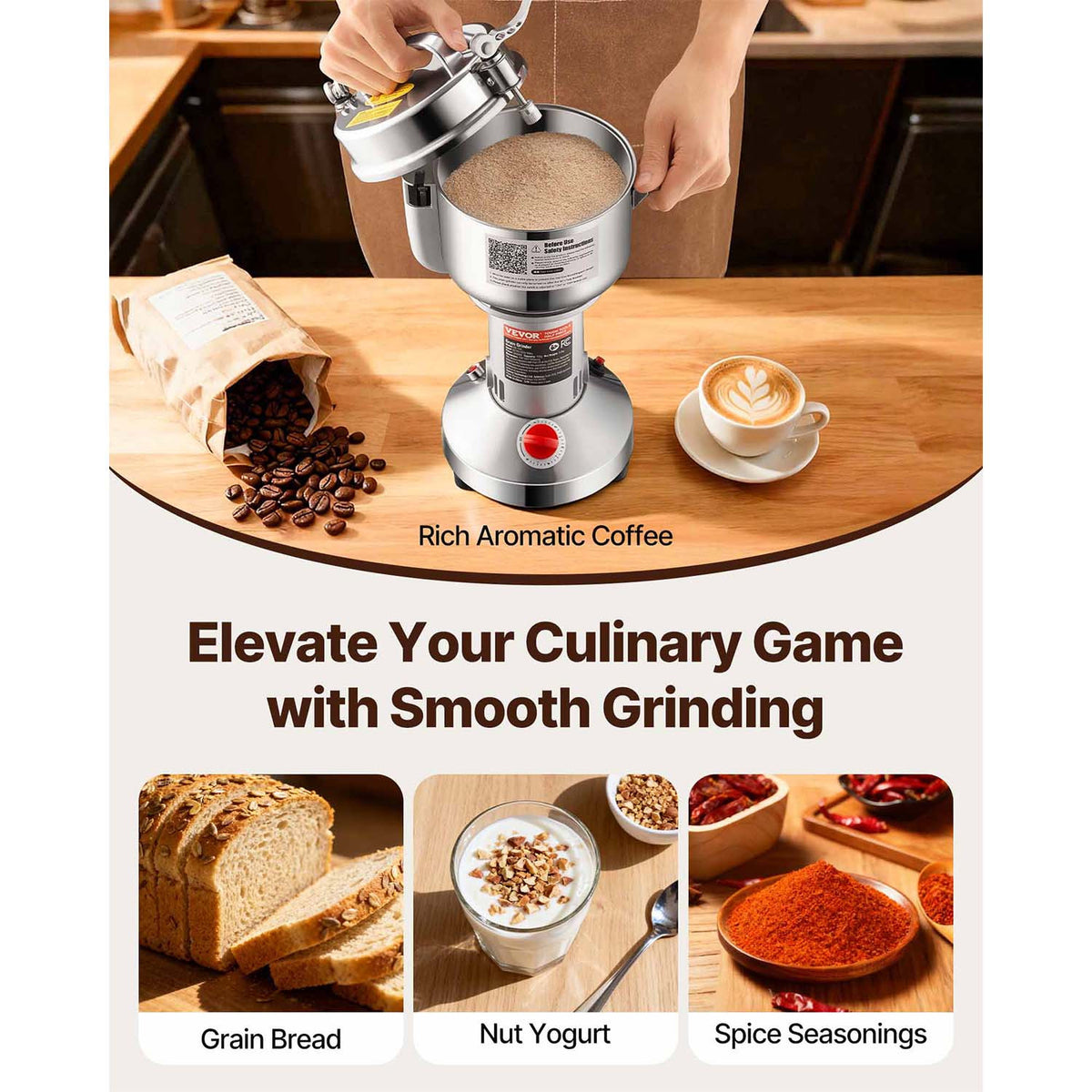 VEVOR Commercial Spice Grinder 750g, High Speed Electric Grain Mill Grinder with 28000 RPM Stainless Steel Pulverizer, Powder Machine for Dry Grains, Spices, Coffee, Corn and Pepper, 30-300 Mesh Fine Grinding, Straight Type