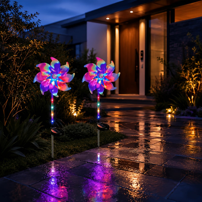 Solar Windmill Garden Lights 2-Pack with Color-Changing and 360-Degree Rotating Design, Colorful Purple or Blue Style Options for Patio and Path Displays
