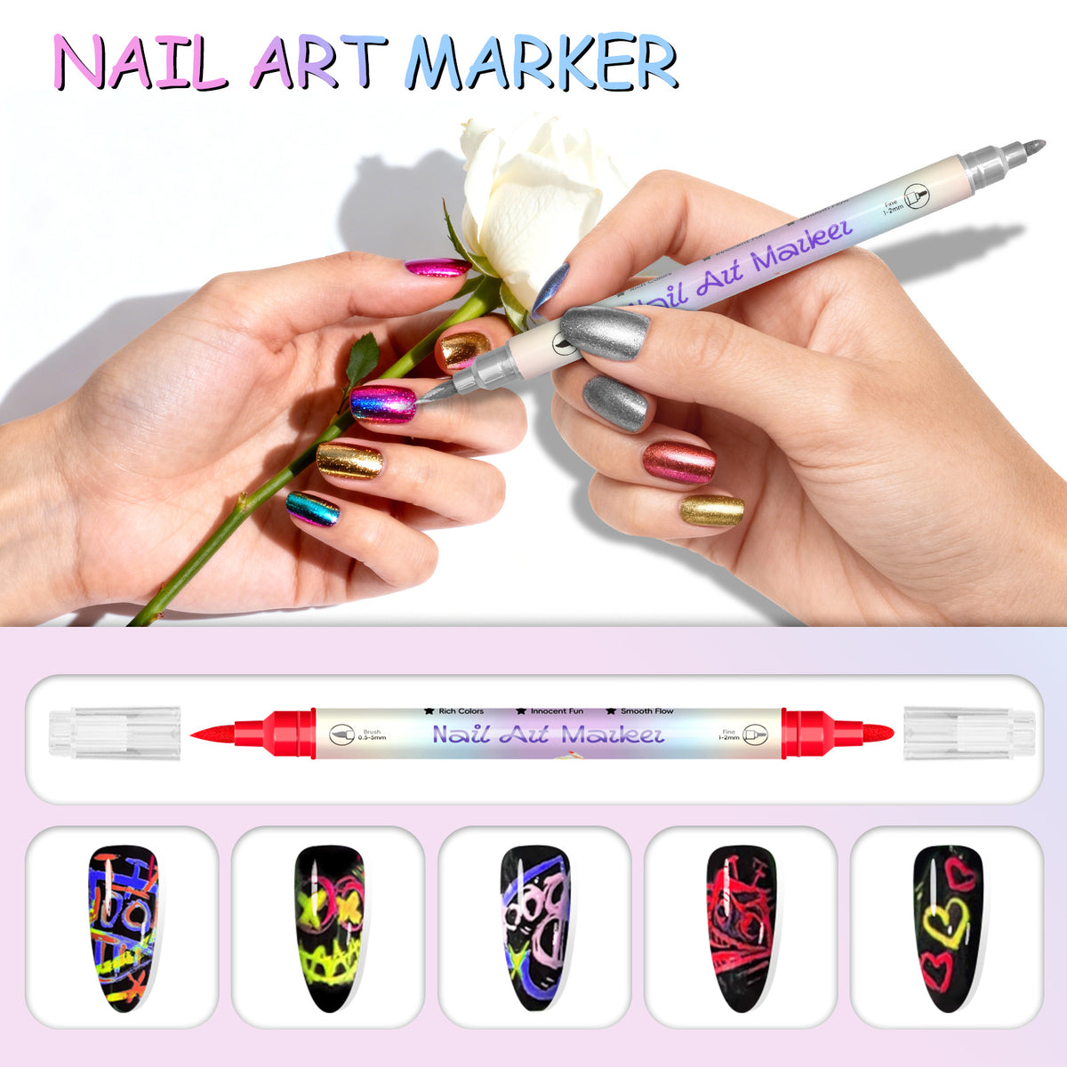 Dual-Tip Nail Art Markers 24-Piece Set, 12 Metallic and 12 Dopamine Color Acrylic Paint Pens for Graffiti-Inspired DIY Manicure Designs at Home or Salon