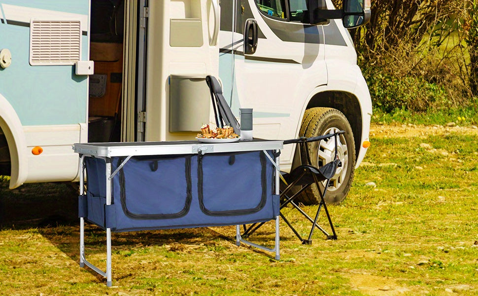 Camping Folding Table with Storage by Bonnlo, 4ft Adjustable-Height Aluminum Picnic Table in Five Color Options for Backyard BBQs, Patio Dining and Outdoor Gatherings