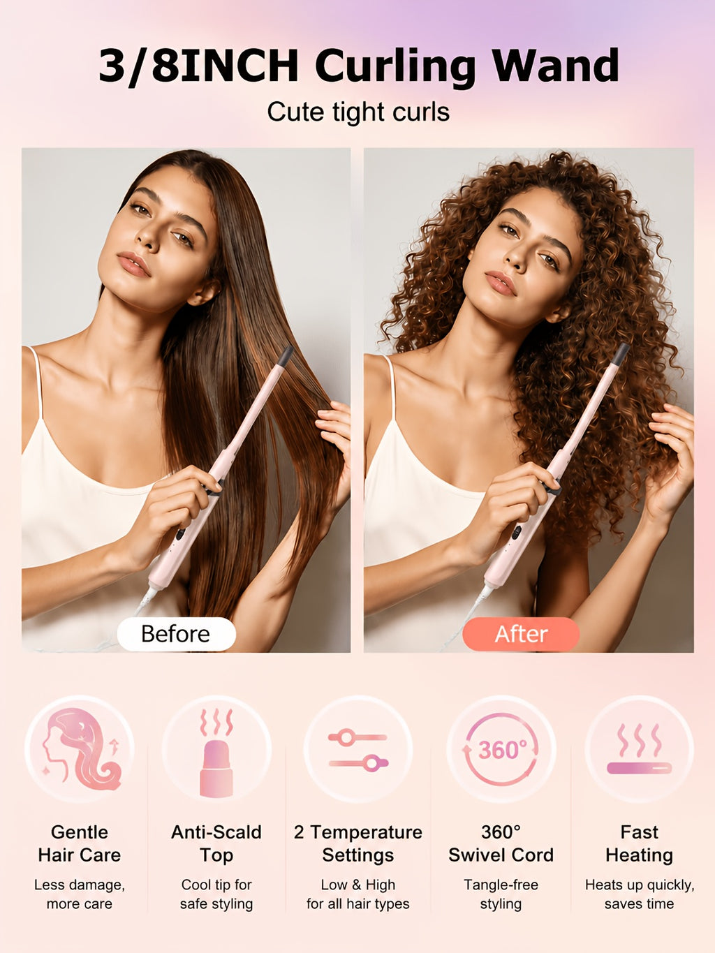 9mm Travel Curling Iron, Ultra-Fine Mini Curling Wand for Tight Curls, Teddy Curls, Airy Bangs & Water Waves, Fast Heating, for Short Hair, Men & Women, Holiday Gift, Pink