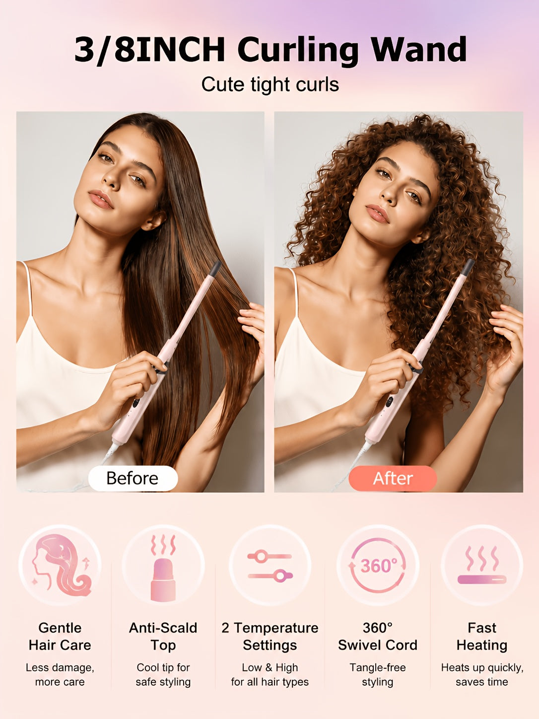 9mm Travel Curling Iron, Ultra-Fine Mini Curling Wand for Tight Curls, Teddy Curls, Airy Bangs & Water Waves, Fast Heating, for Short Hair, Men & Women, Holiday Gift, Pink