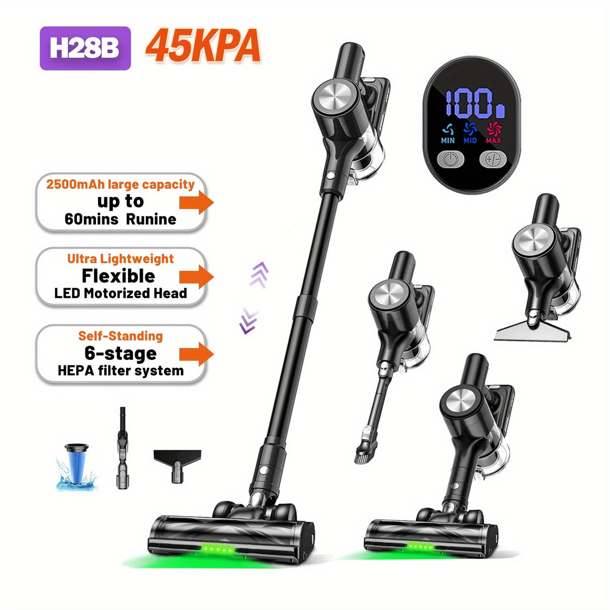 10-in-1 Cordless Stick Vacuum Cleaner, Lightweight Rechargeable Vacuum with Anti-Tangle Roller Brush, Upgraded Green LED Light and 45-Min Runtime, Powerful Suction for Hardwood Floors, Carpet, Pet Hair and Car Interior