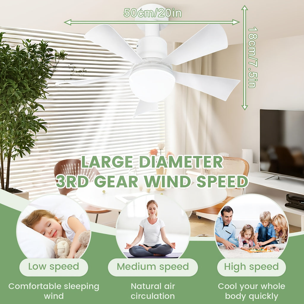 White Socket Fan Light with 20.5-Inch Design, Remote Control and Dimmable LED, Three 3000K–6500K Light Tones for Bedroom, Kitchen and Living Room Use