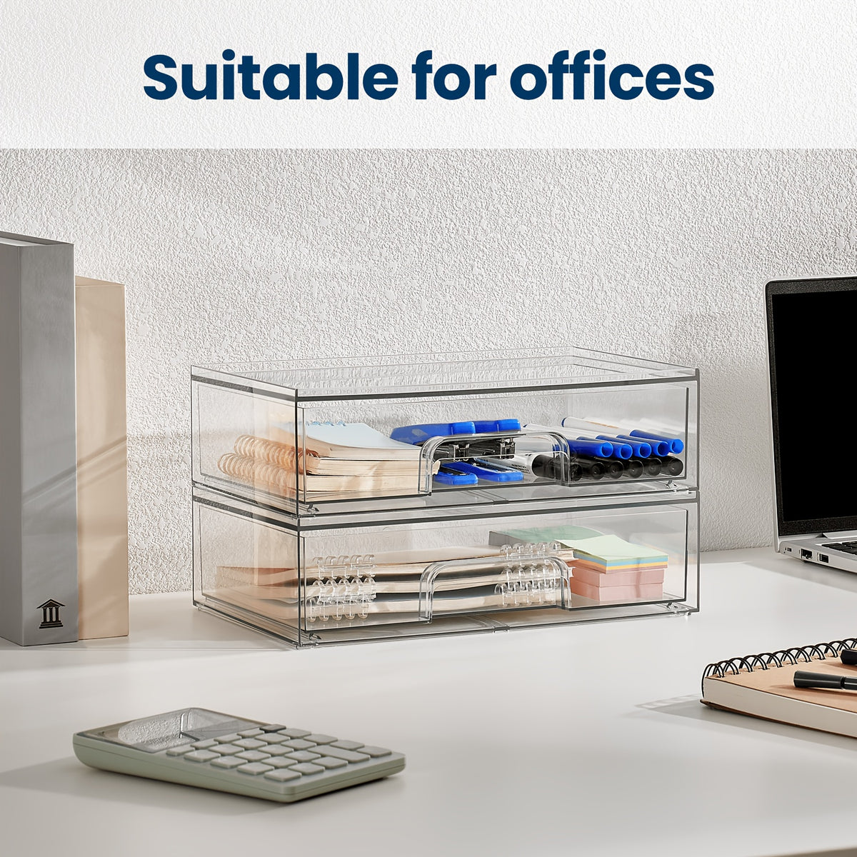 Clear Stackable Storage Drawers in Two-Pack Wide or Four-Pack Wide and High Options, Acrylic Desk Organizers for Office Supplies, Vanity Items and Art Materials