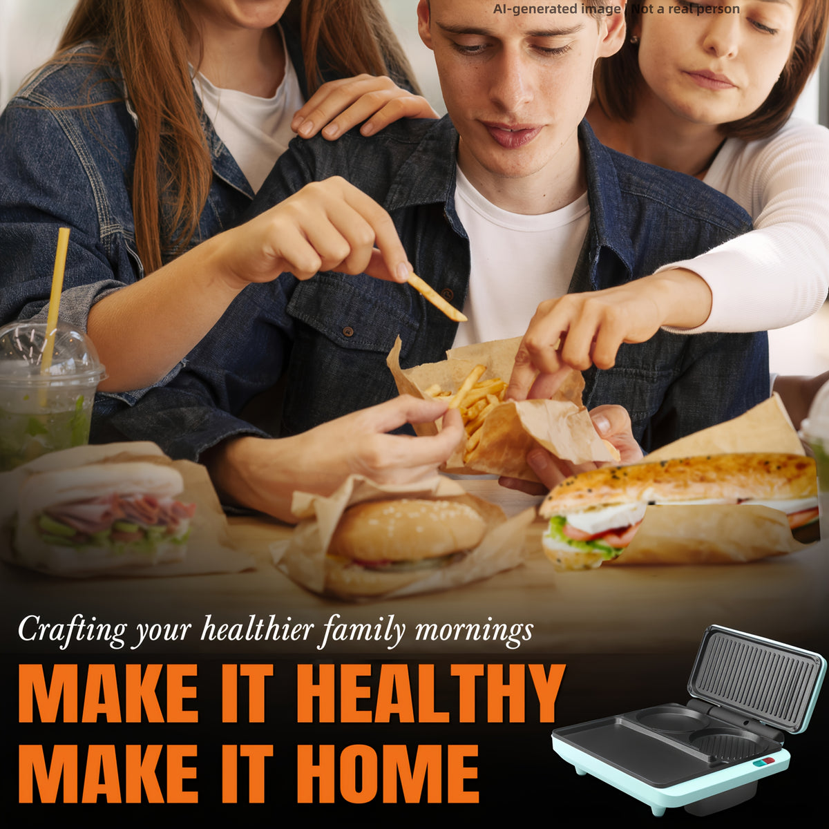 Breakfast Sandwich Maker with Burger Press, 3-in-1 Electric Griddle and Grill Combo with Nonstick Plates for Eggs, Burgers, Paninis and Morning Meals for the Whole Family, Aqua