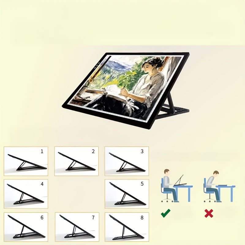 A3 Diamond Painting LED Light Box with Listed Three Color Modes and Eight Dimming Levels, USB Power, Plastic Stand and Four Swan Neck Clip Option Labels