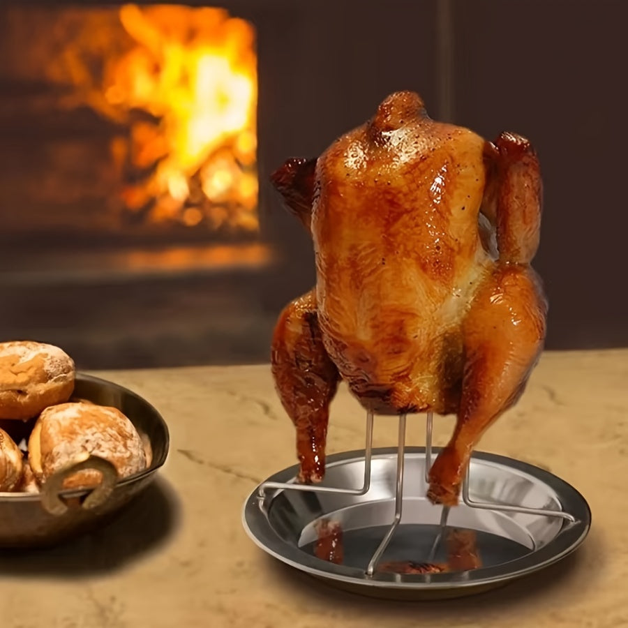Chicken Roasting Rack with Drip Tray and Foldable Stainless Steel Design, Single Vertical Stand for Compatible Oven, Barbecue and Smoker Cooking