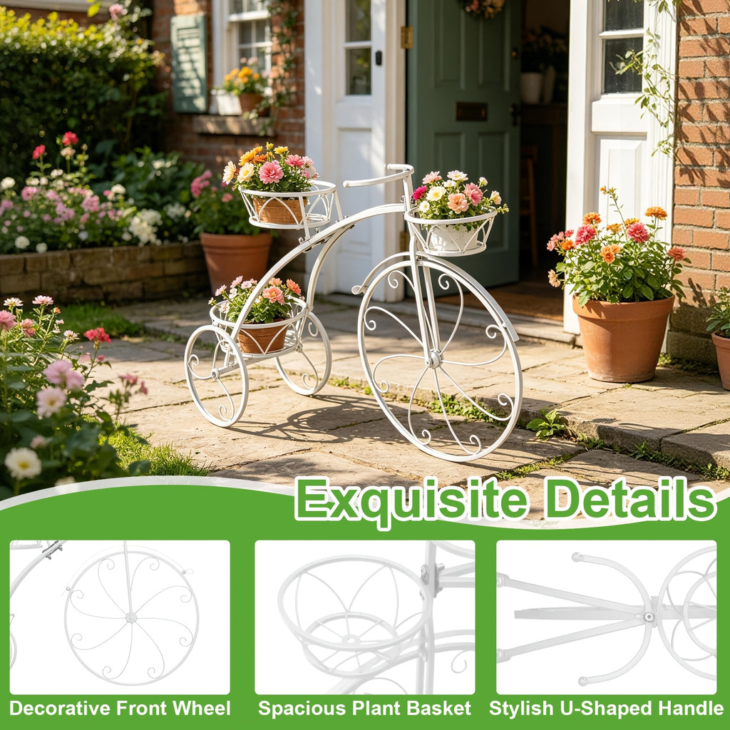 Tricycle Plant Stand in Black or White with Three Iron Pot Holders, Decorative Bicycle Flower Display with Fixed Wheels for Home and Suitable Patio Spaces