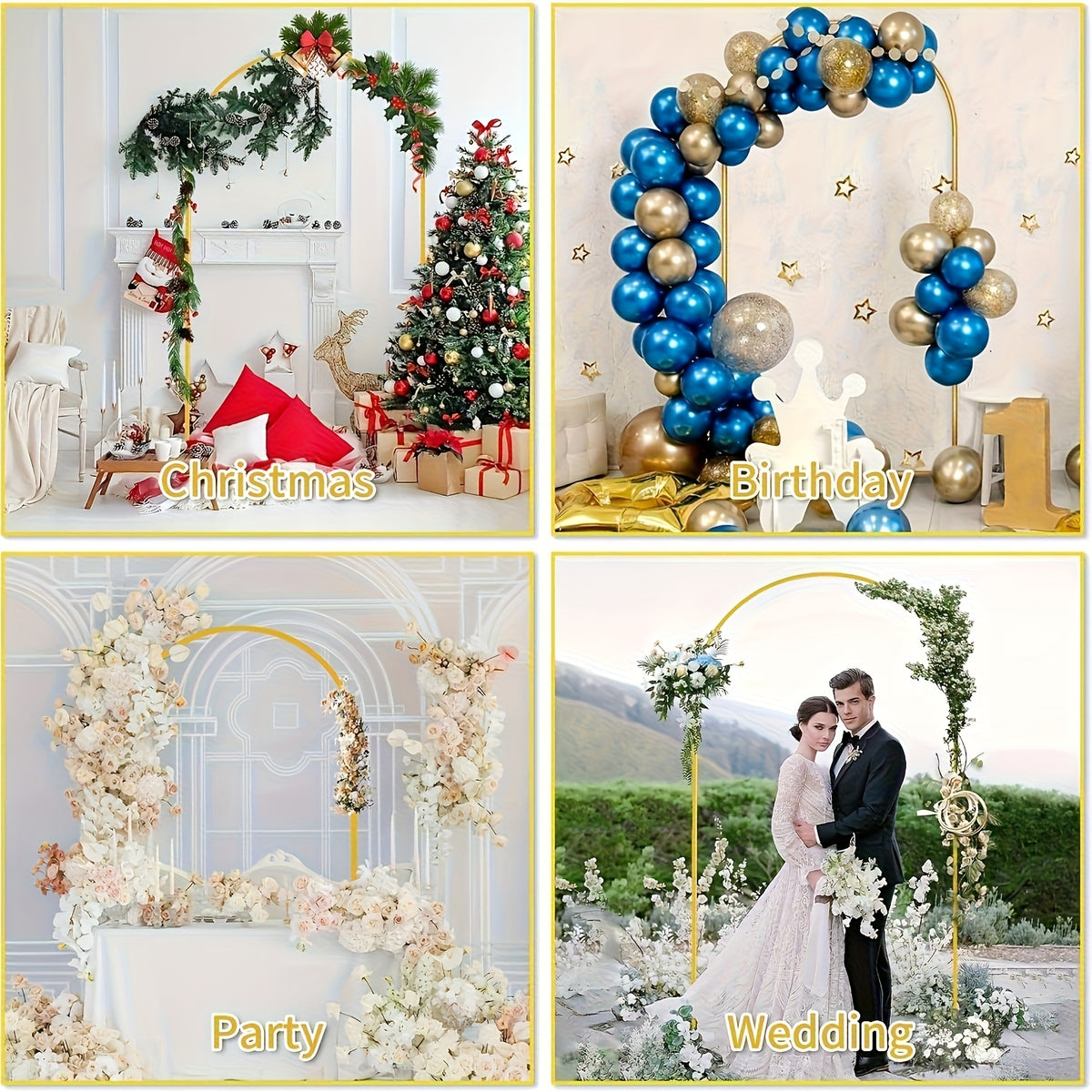 Wedding Arch Stand Set in Golden Metal, Three Backdrop Frames with Listed 7.2ft, 6.6ft and 6ft Sizes for Balloon, Flower and Party Displays