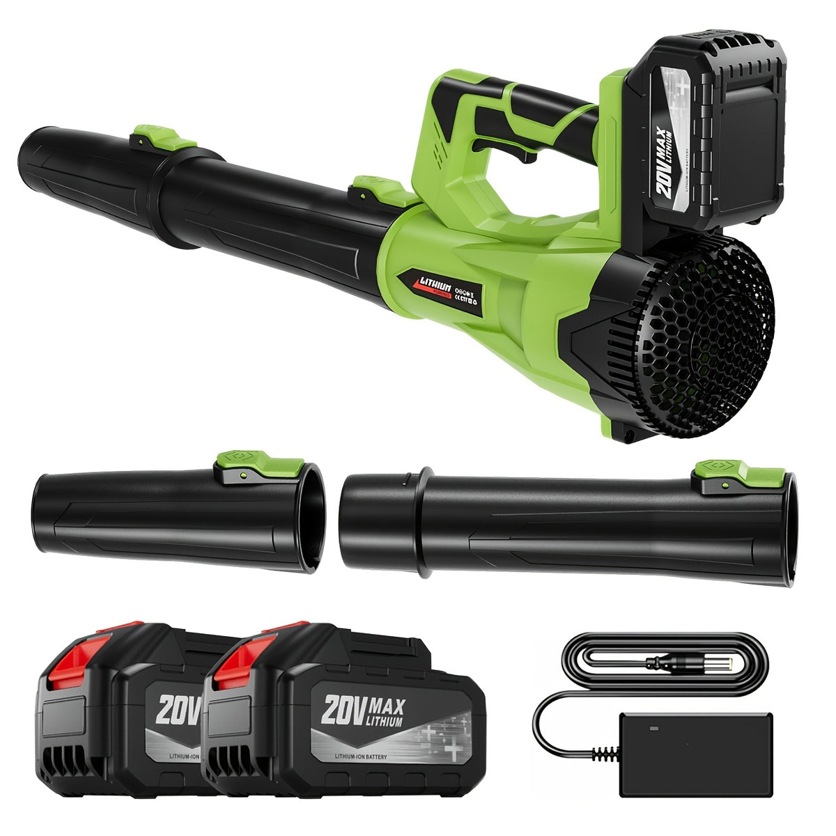Extension Nozzle Leaf Blower with Non-Slip Handle, Green 4000mAh or Yellow 2000mAh One- and Two-Battery Options for Outdoor Leaf Cleanup and Yard Maintenance
