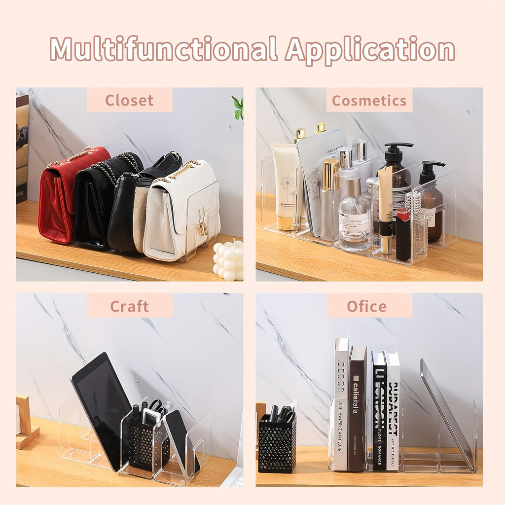 Acrylic Handbag Organizer with Four Listed Sections, Clear Desktop Purse Storage Rack for Compatible Bags, Books and Small Accessories with 4pcs Option