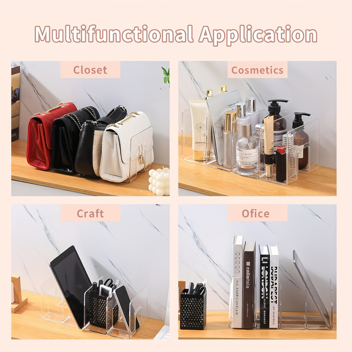 Acrylic Handbag Organizer with Four Listed Sections, Clear Desktop Purse Storage Rack for Compatible Bags, Books and Small Accessories with 4pcs Option