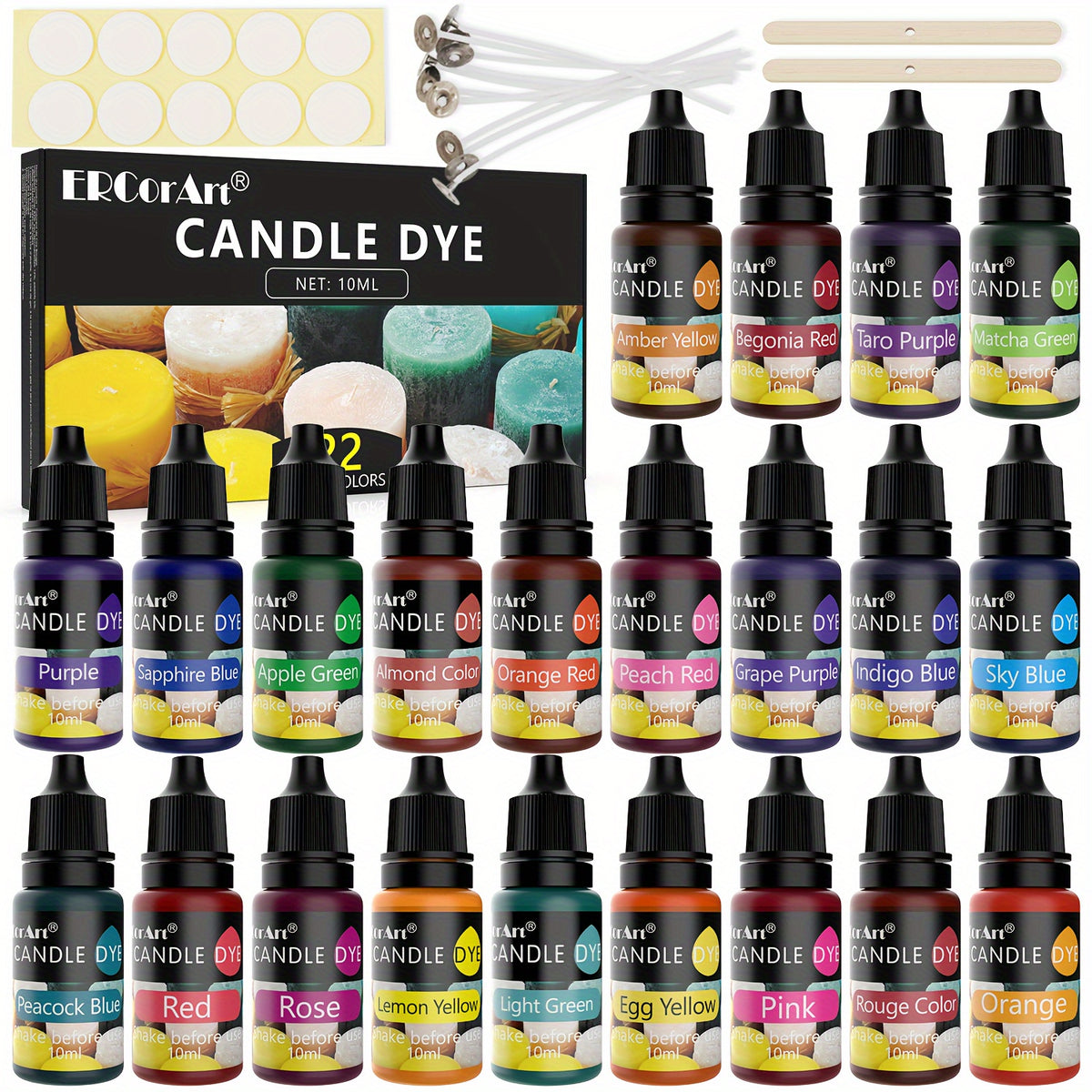 Liquid Candle Dye, Oil-Based 22-Color Selection with Mixed Color Label and 0.34oz Reference for Compatible Wax and Adult DIY Candle Making