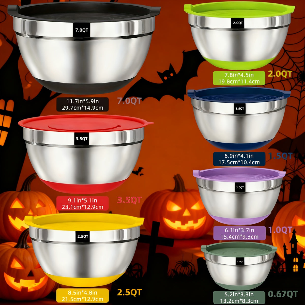 Silicone-Base Nesting Mixing Bowls with Listed Stainless Steel Construction and Lids, Multicolored or Black-8pcs Options for Baking, Food Prep and Serving