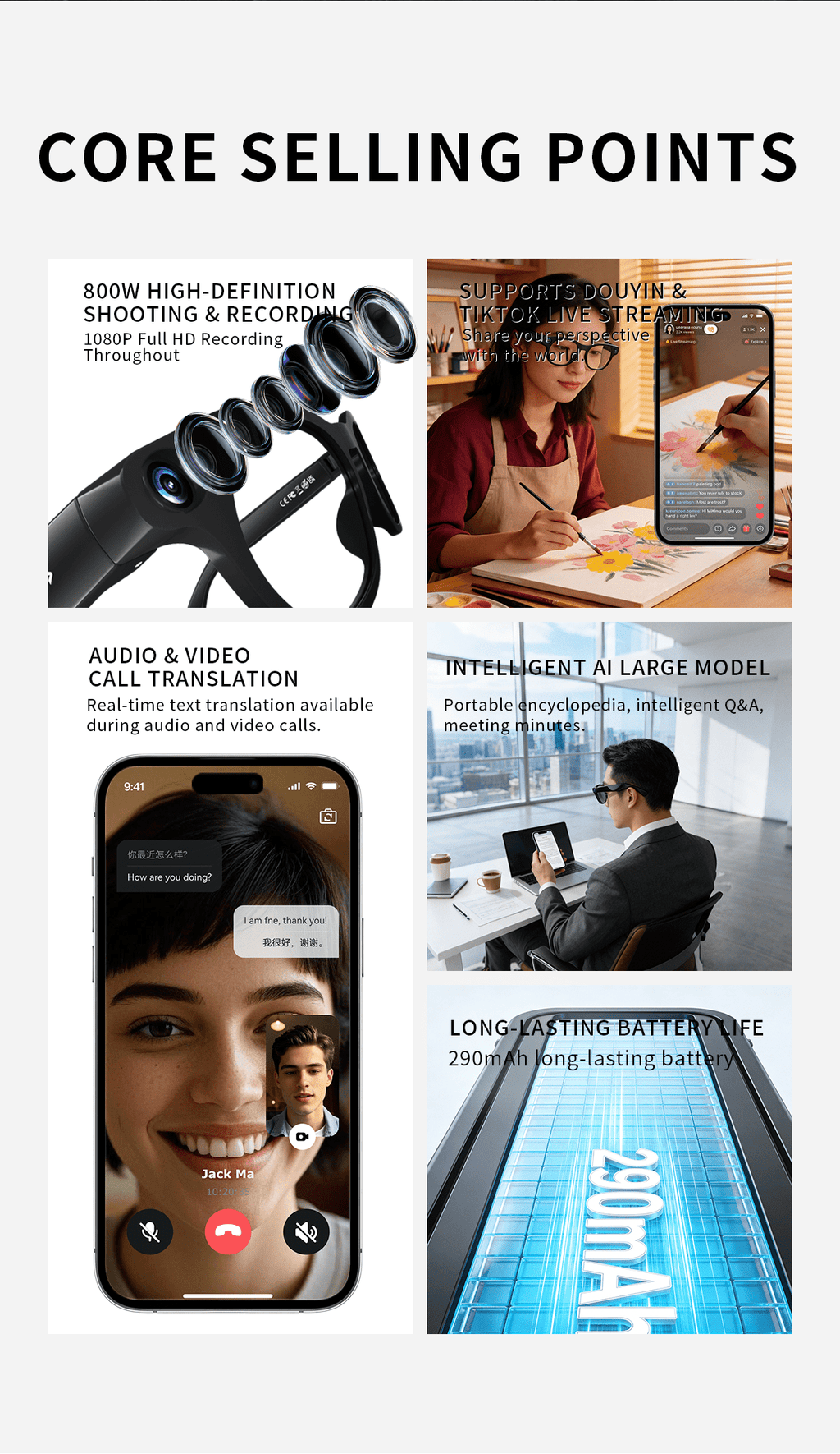 8MP-Labeled AI Camera Smart Glasses in Black with Video and Audio Recording, Bluetooth Calls and Music, Touch Controls and Listed Translation Features