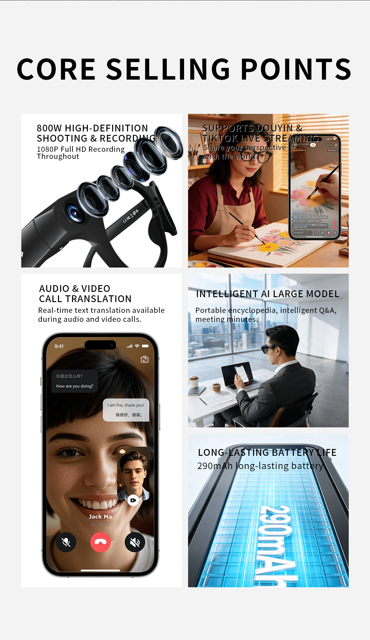 8MP-Labeled AI Camera Smart Glasses in Black with Video and Audio Recording, Bluetooth Calls and Music, Touch Controls and Listed Translation Features