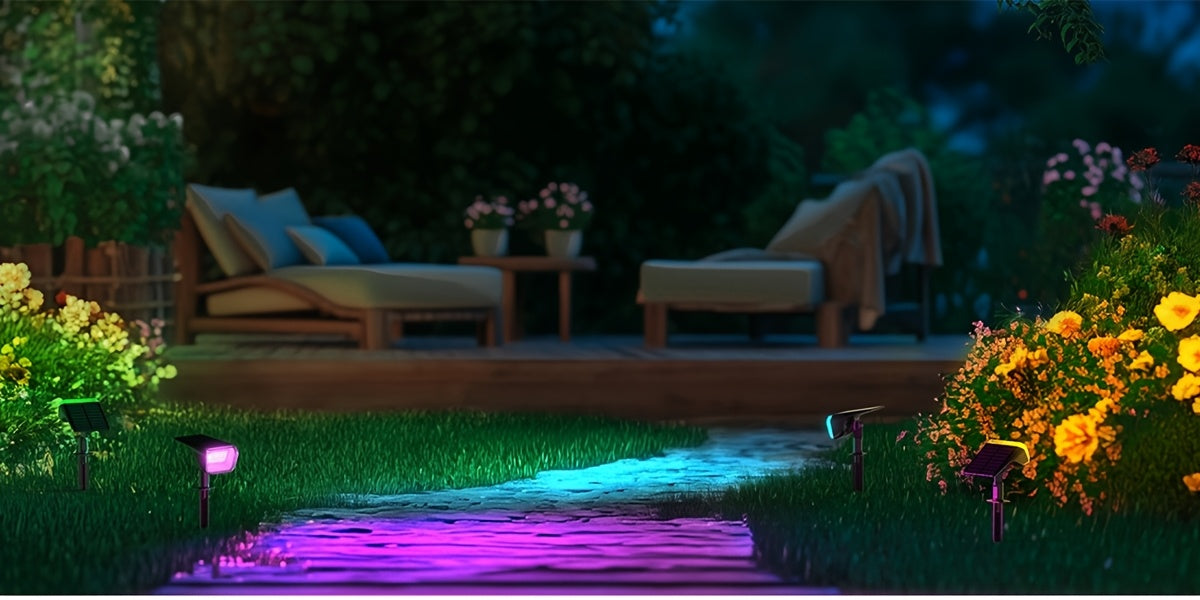 SYVIO Color-Changing Solar Landscape Spotlights with Listed 100 LEDs and Ten Modes, Multicolor Two- to Twelve-Piece Package Labels for Garden Accent Lighting