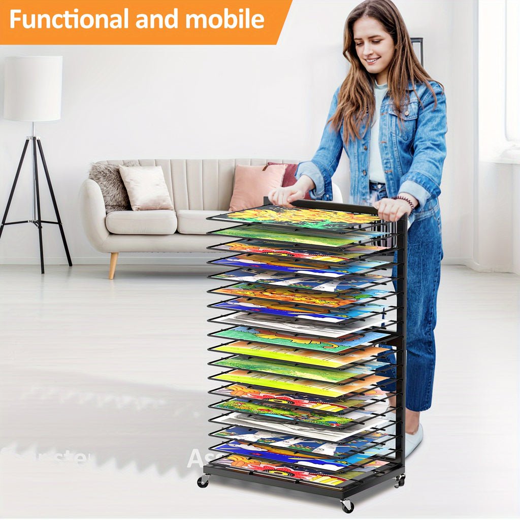 Art Drying Rack, 18-Tier Black Metal Painting Organizer for Studio Artwork Storage, Classroom Projects and Adult-Managed Preschool Craft Spaces