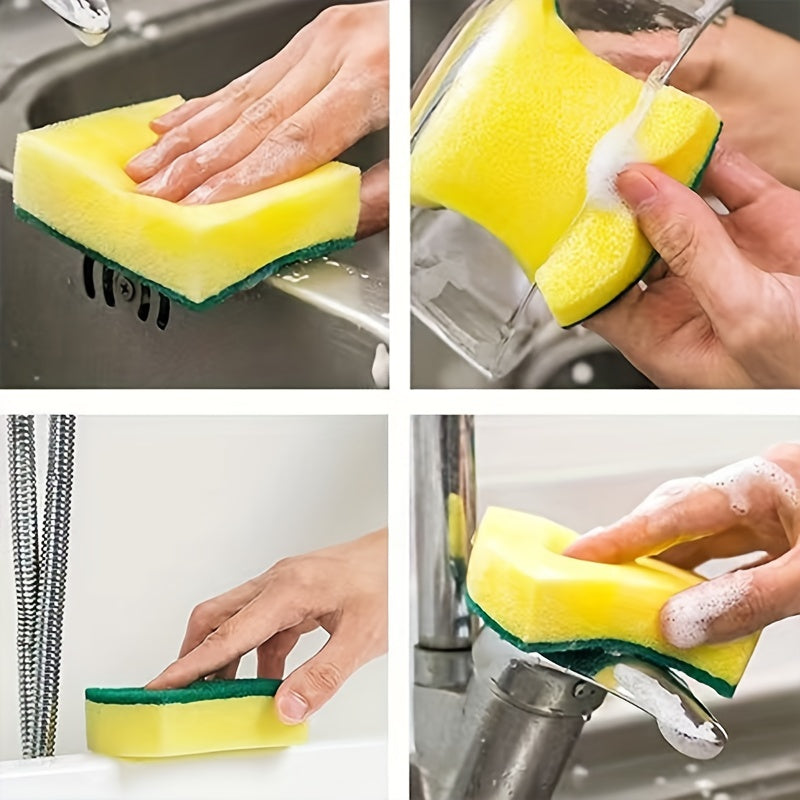 Waist-Shaped Cleaning Sponges in Yellow and Green, 12- or 24-Piece Double-Sided Scouring Pad Options for Compatible Dishwashing and Household Kitchen Cleanup