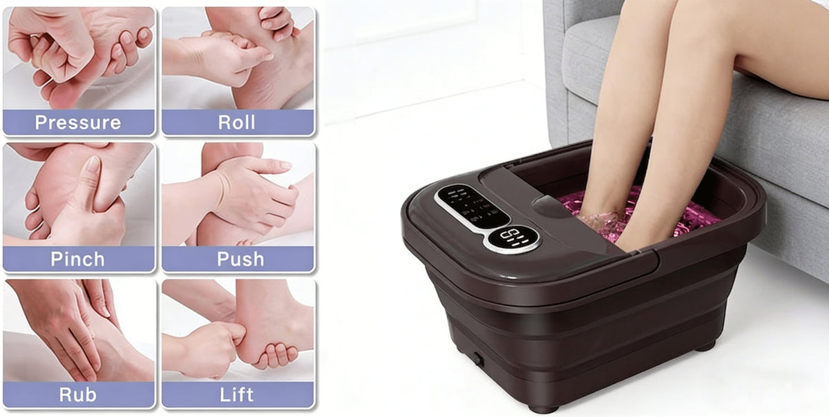 Foldable Heating Foot Spa Basin with Temperature Control, Massage Rollers, Bubbles and Pedicure Kit Wording, Portable or Rose Red Touch Model Options