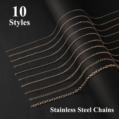 Assorted Jewelry Making Chains in 10 Styles, Stainless Steel Chain Supplies in Golden or Silvery Colors for DIY Necklaces, Bracelets and Handmade Accessories