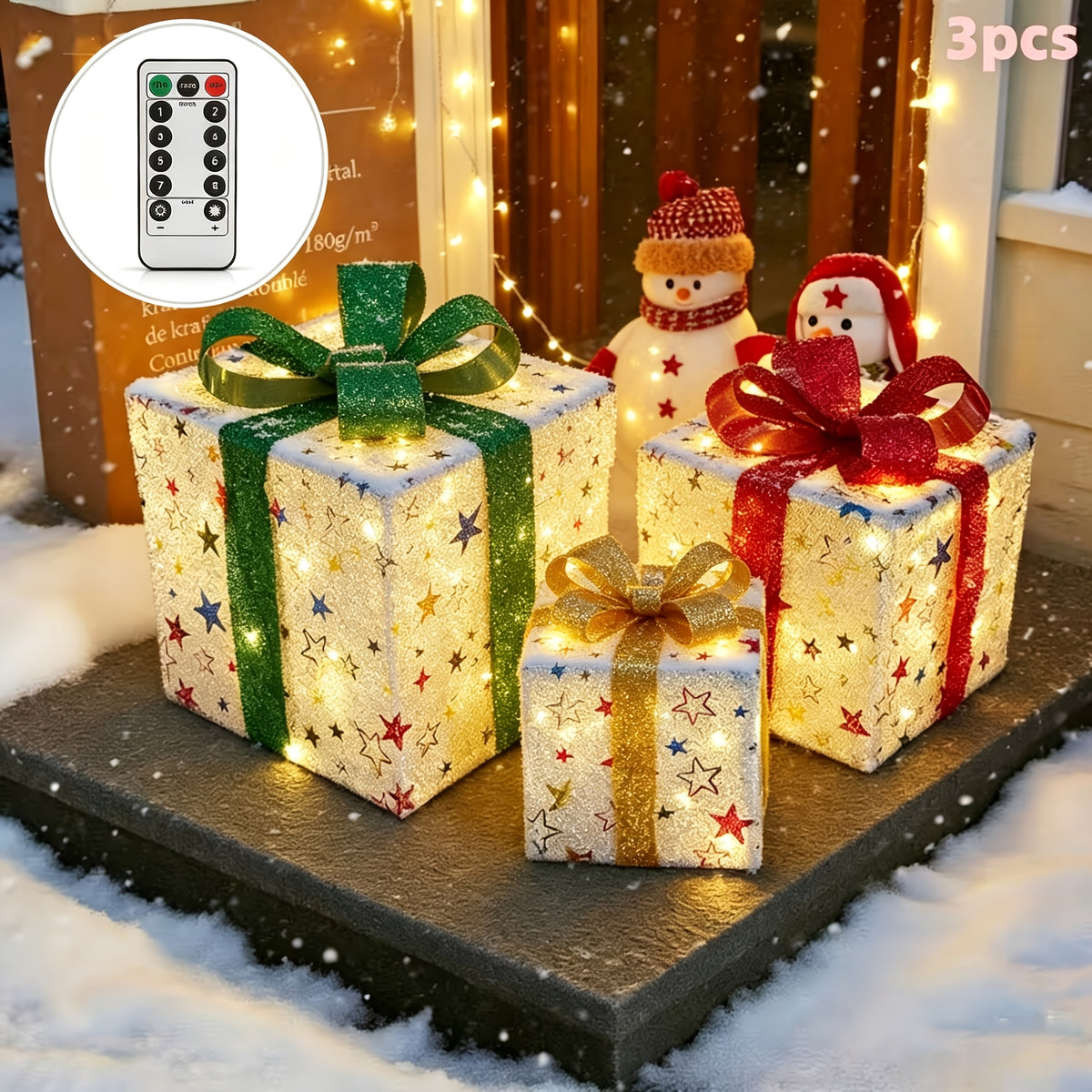 Christmas Gift Box Lights, 3-Pack 75-LED Warm Holiday Decoration with Remote Control, Timer and 8 Lighting Modes for Indoor and Outdoor Displays