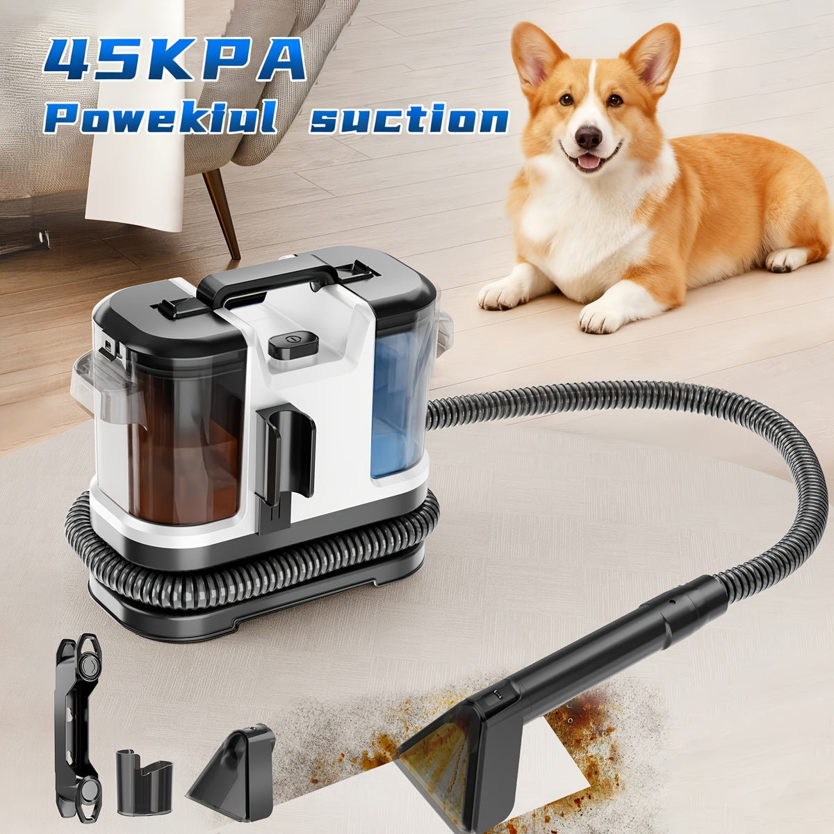 Self-Cleaning Carpet Cleaner Machine with Listed 45kPa Suction, Dual Brush and Large Tank, Portable Upholstery Cleaner for Pet Stains, Couches, Rugs and Car Interiors
