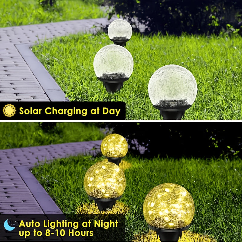 Solar Garden Ball Lights with Crackle Glass, Warm White LED Decorative Globes in 4 or 6 Piece Sets for Patio, Lawn and Outdoor Garden Decor