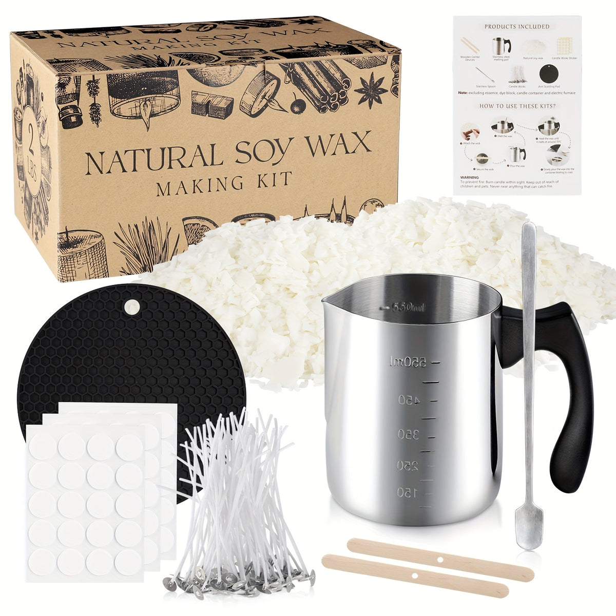 Soy Wax Bead Candle Making Set, 2LB Option with Listed 304 Stainless Steel Pouring Pot for Adult Beginner Container Candle Crafts and Handmade Gift Projects