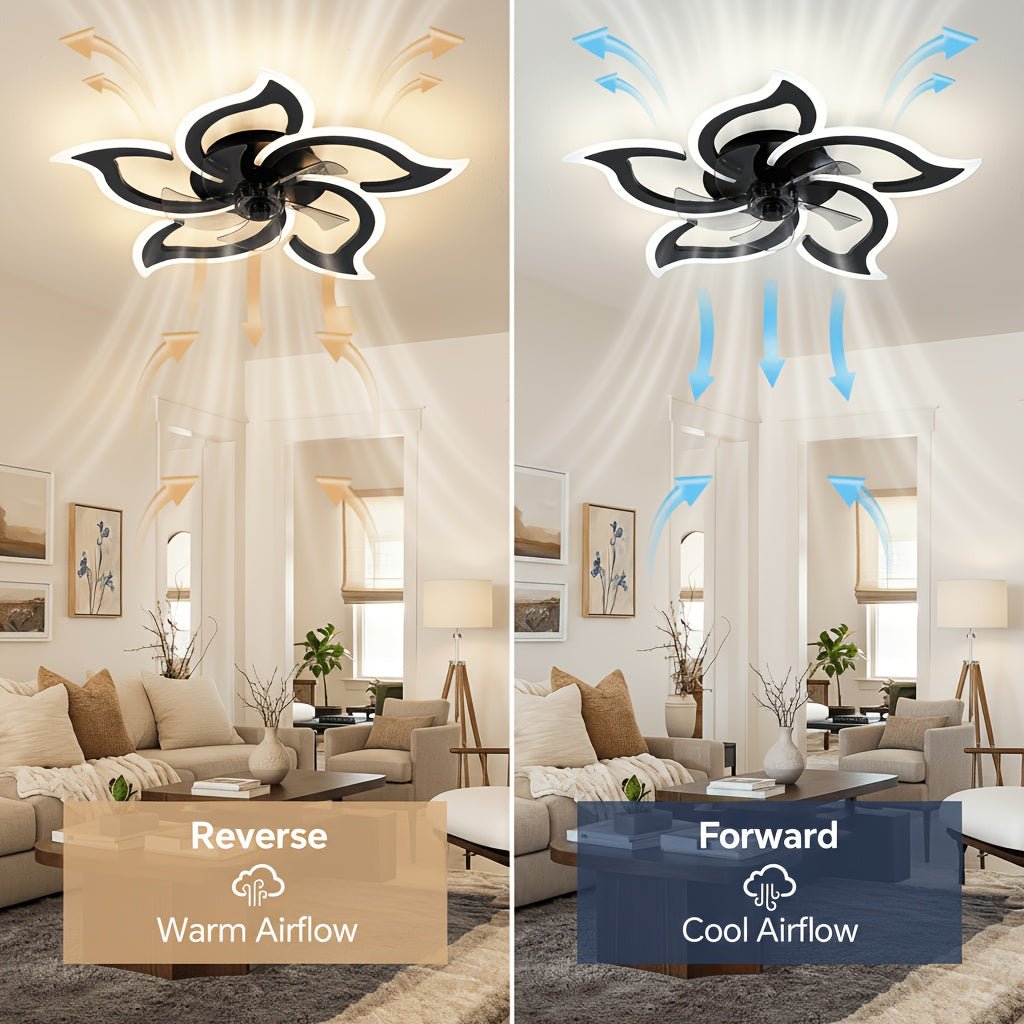 Petal Shape Ceiling Fan with LED Light and Remote, Listed 30-Inch Low-Profile Flush Mount, Six Speeds and Three Light Colors, Black Round or Pointed Leaf Options