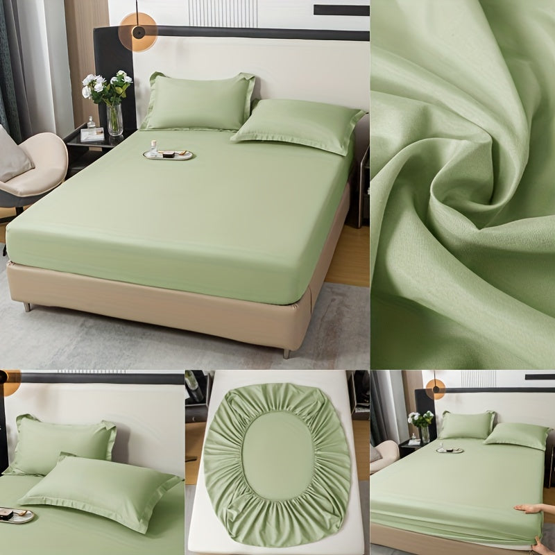 Three-Piece Solid Fitted Sheet and Pillowcase Set, One Soft-Feel Mattress Sheet with Two Pillowcases in Ten Size Labels and Six Colors for Home Bedrooms