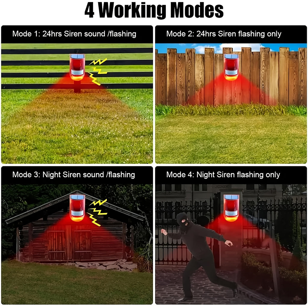 Solar Motion Sensor Alarm 2-Pack with Listed 129dB Siren and 6-LED Flashing Strobe, USB Rechargeable Outdoor Alert Devices for Yard, Farm and Garage Areas