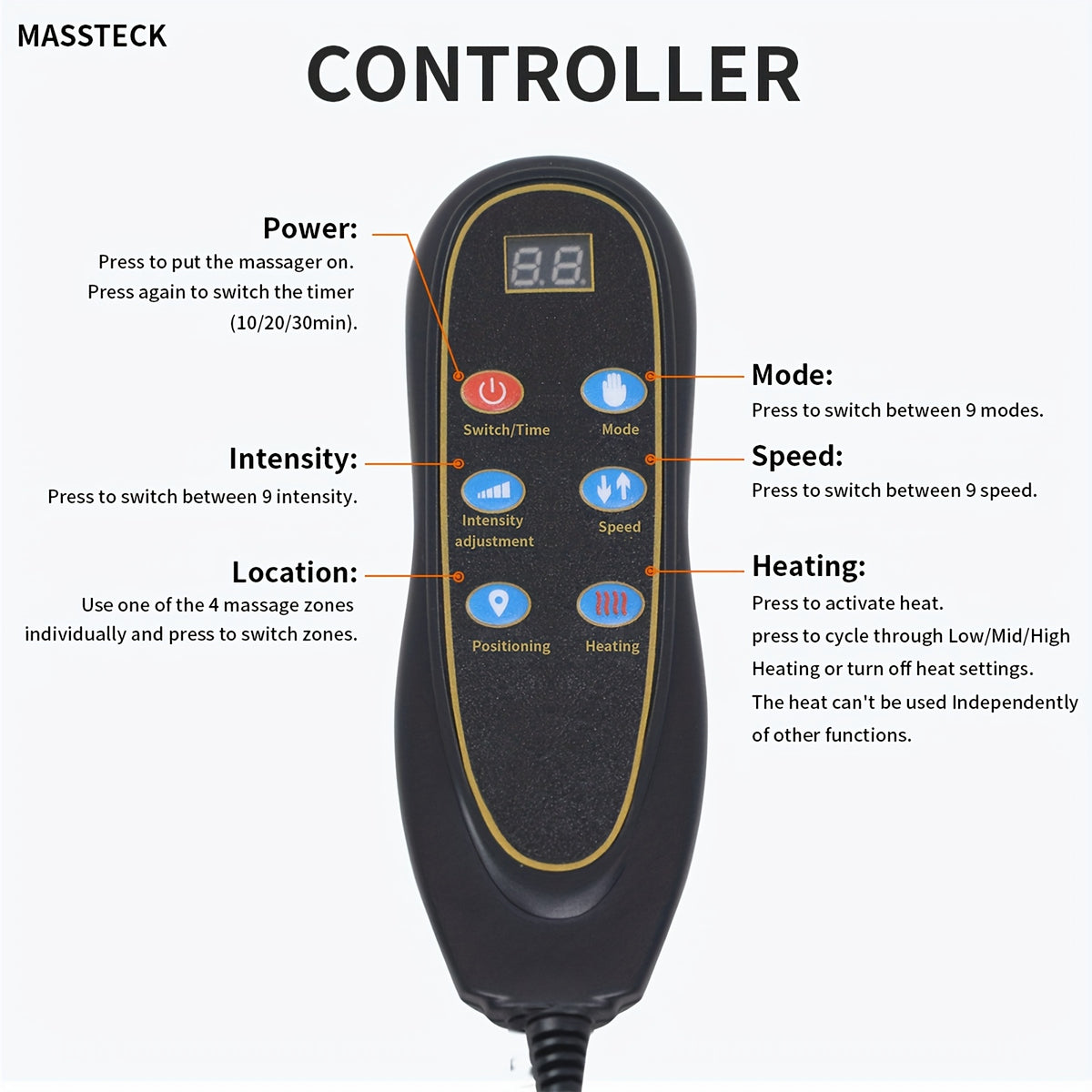 MASSTECK Heated Vibration Seat Cushion with Nine Listed Motors and Triple Back Heating Wording, Black Massage Mat for Compatible Chair or Couch Comfort Routines