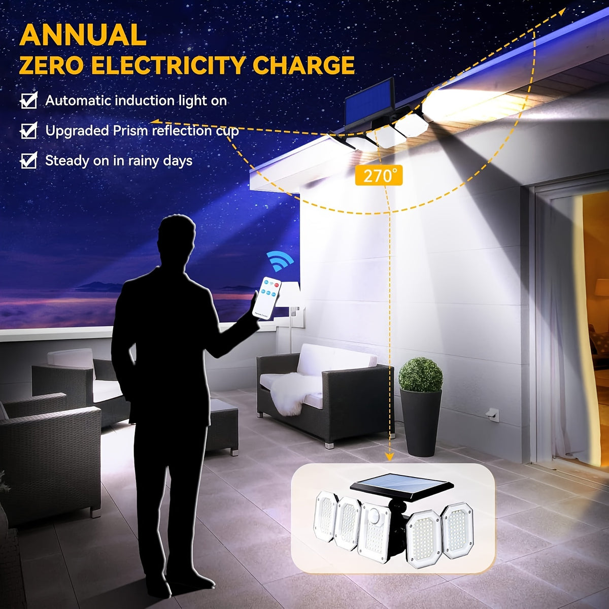Five-Head Solar Motion Sensor Light with Listed 300 LEDs, 6500K Color Temperature, Remote Control and IP65 Rating, Single-Piece Outdoor Floodlight for Yard and Garage