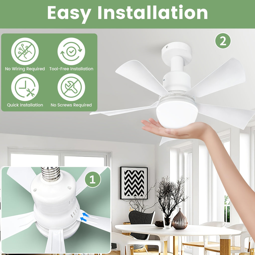 White Socket Fan Light with 20.5-Inch Design, Remote Control and Dimmable LED, Three 3000K–6500K Light Tones for Bedroom, Kitchen and Living Room Use