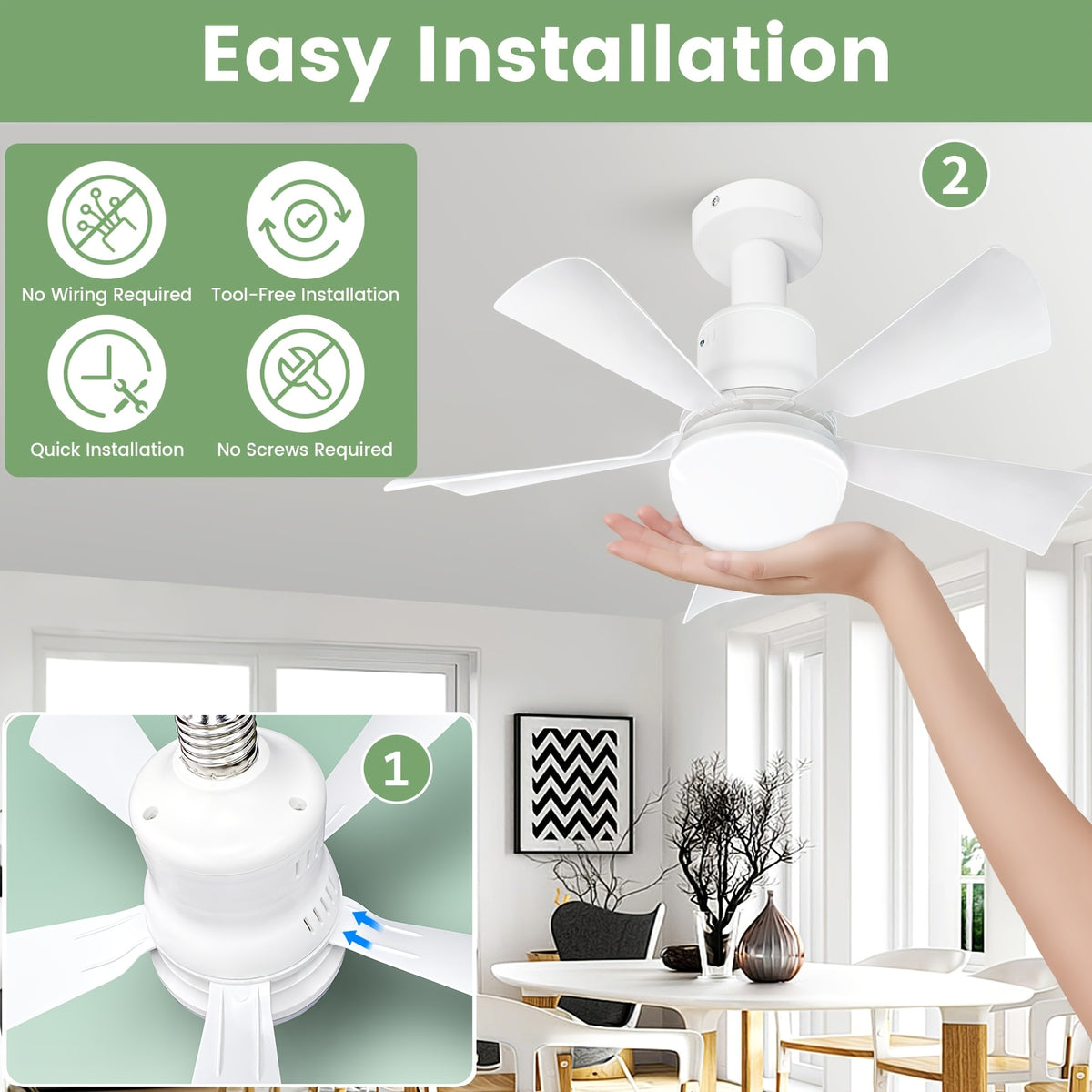 White Socket Fan Light with 20.5-Inch Design, Remote Control and Dimmable LED, Three 3000K–6500K Light Tones for Bedroom, Kitchen and Living Room Use