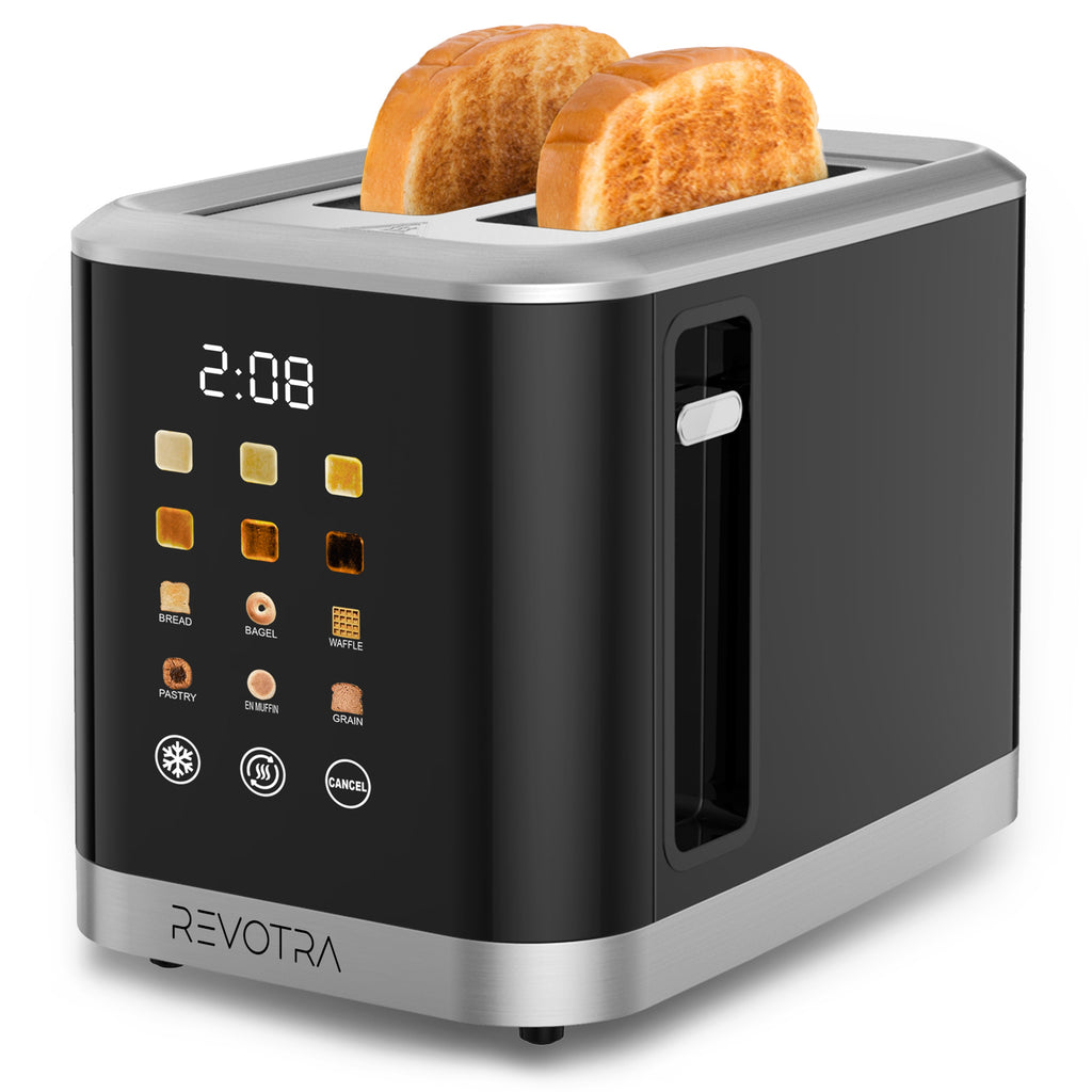 LED Display Breakfast Toaster in Black with Stainless Steel Construction, Wide Slots, Six Toasting Levels, Defrost, Heat and Cancel Functions and Crumb Tray