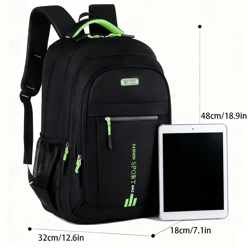 Travel Backpack with Plush Ball Pendant for Men and Women, Nylon Multi-Compartment Carry Bag with Adjustable Shoulder Straps in Black, Blue, Green or Orange
