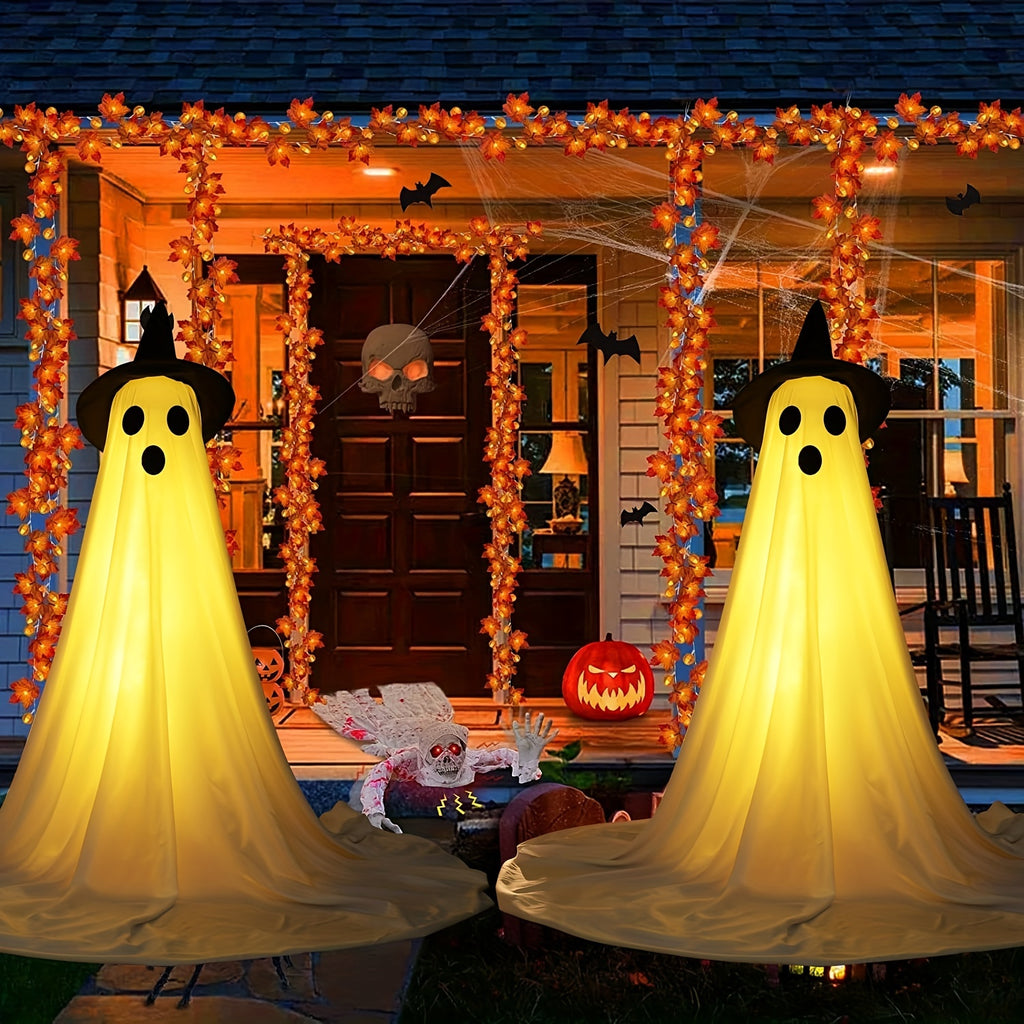 Witch Hat Ghost Decorations, Two-Piece Lighted Halloween Display Set with String Lights in White Ghost or Warm Color Options for Seasonal Home and Party Decor
