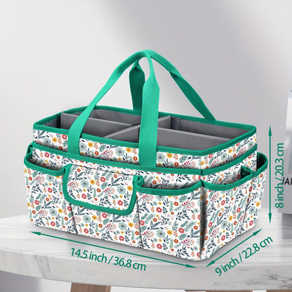 Craft Storage Tote Bag by FINPAC, Spring Floral Polyester Organizer with 12 External Pockets and Carry Handle, 14.5 x 9 x 8 Inches for Sewing and Art, Bag Only