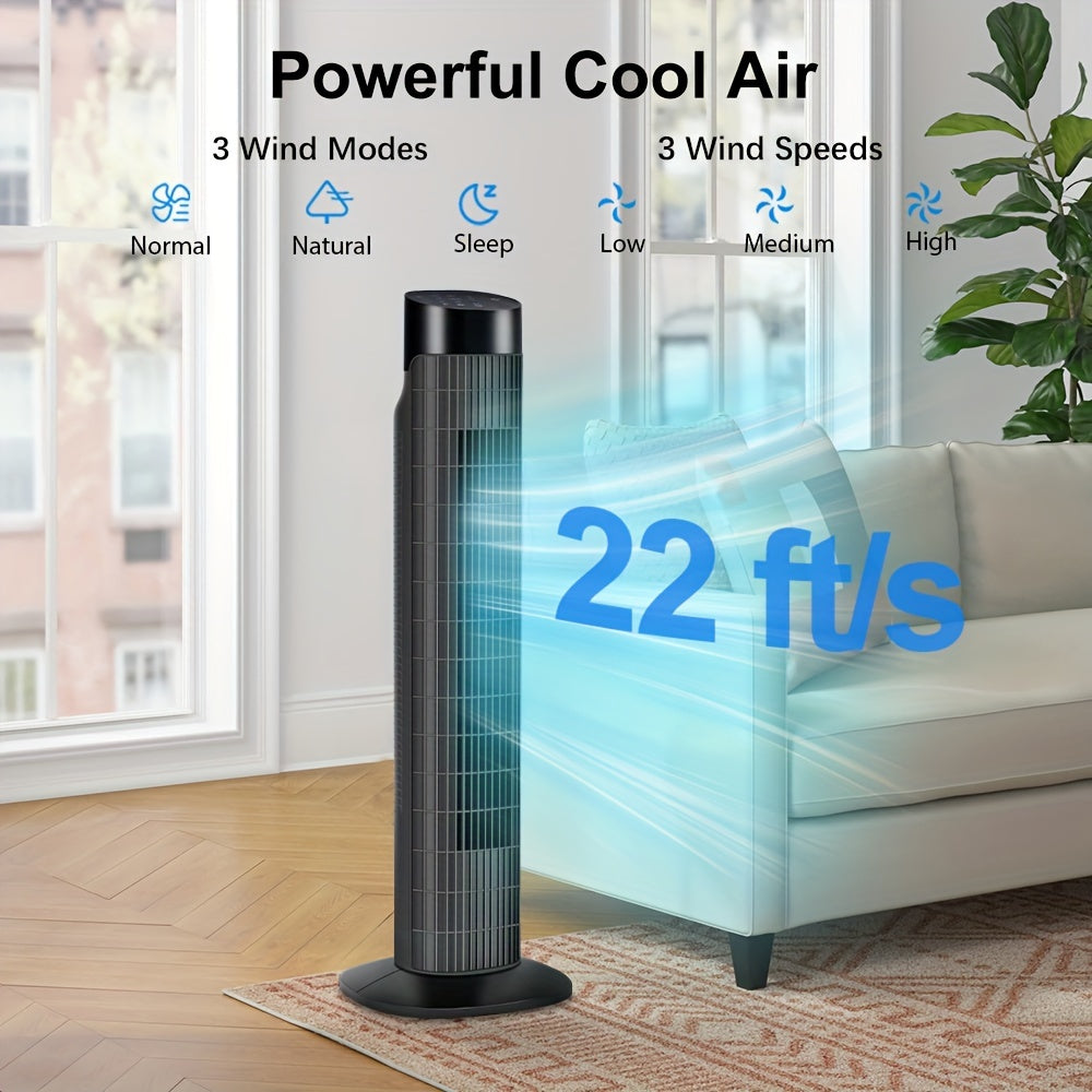 31-Inch Oscillating Tower Fan with Listed Remote Control, Three Speeds and 7.5-Hour Timer, White Option Labels for Bedroom, Living Room and Office Airflow