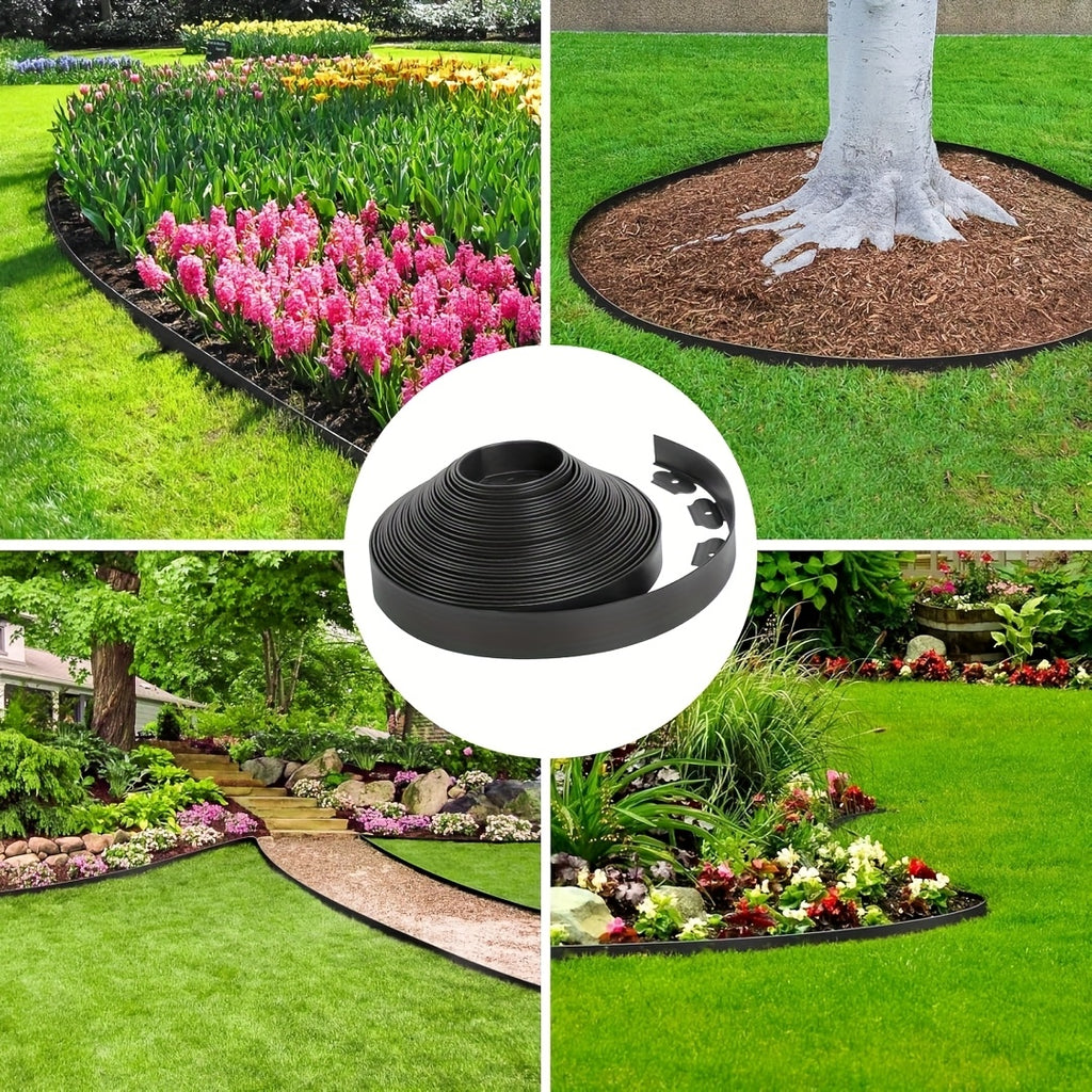 No-Dig Landscape Edging Kit, Flexible HDPE Garden Border with Anchoring Spikes for Flower Beds, Lawn and Pathways, Black or Green with Optional Hammer