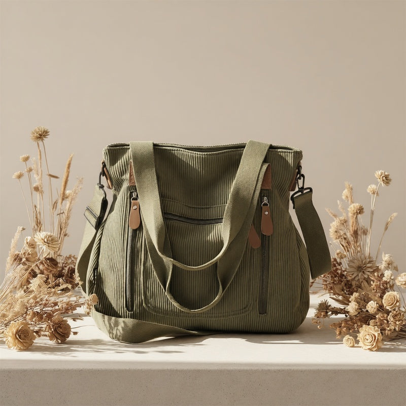 Retro Workwear Corduroy Handbag with Multiple Pockets, Women's Adjustable-Strap Shoulder and Crossbody Bag in Black, Grey or Green for Daily Commuting
