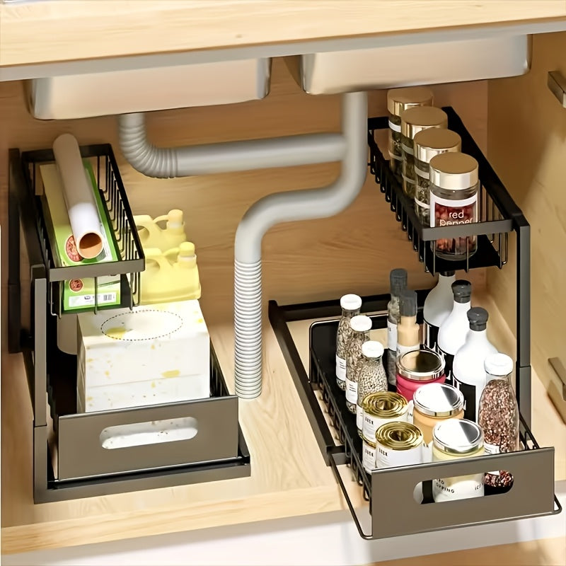 1/2pcs Kitchen Organizers And Storage, Kitchen Accessories, Utility Racks, Under Sink Organizer, Pull Out Cabinet Organizer, 2 Tier Slide Out Sink Shelf, Cabinet Storage Shelves, Under Sink Storage for Kitchen Bathroom Cabinet