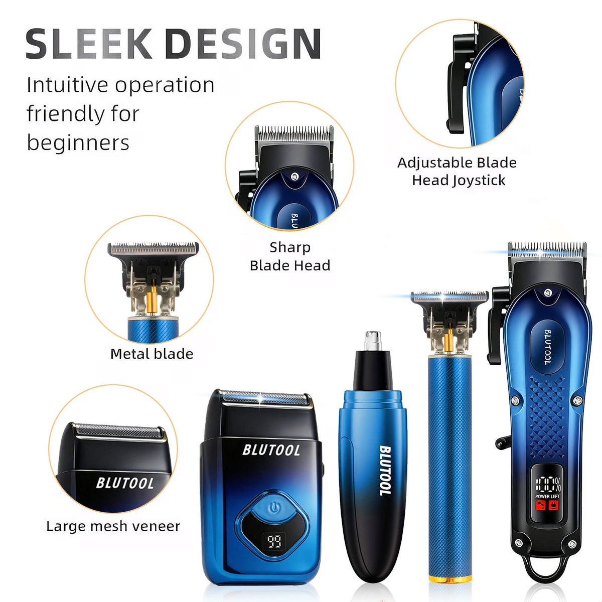 USB Rechargeable Hair Clipper Set for Men in Blue XY-4012, Cordless Grooming Tools with Listed Shaver, Nose Trimmer and Fine Trimmer Package References